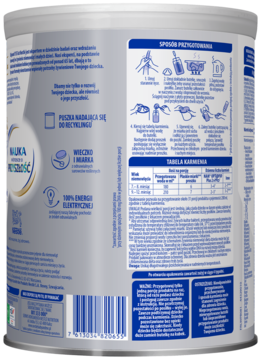 Tył i bok srebrnej puszki mleka następnego NAN OPTIPRO Plus 2 HMO z instrukcjami, tabelą karmienia i kodem kreskowym.