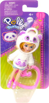 Lalka Polly Pocket w białej bluzie z kapturem pandy i różowym klipsem, zapakowana w fioletowy blister.