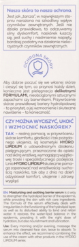 Białe kartonowe opakowanie serum barierowego HYDRO LIPIDIUM, widok boczny, z niebieskim logo i tekstem.