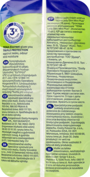 Tylna strona opakowania TENA Lady Slim Mini Plus, dyskretne podpaski na nietrzymanie moczu, zielono-białe z tekstem.