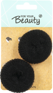 Dwa czarne, okrągłe wypełniacze do koka mini typu donut, na kartonowym blistrze w folii, z napisem 'FOR YOUR Beauty'.