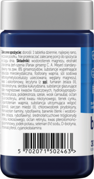 Tył niebieskiej butelki Bodymax Plus, widoczny biały label z polskim tekstem o składzie i dawkowaniu, kod kreskowy.