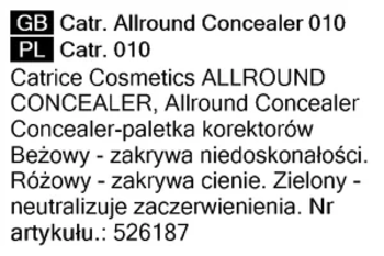 Etykieta Catrice Allround Concealer 010. Paletka korektorów: beżowy na niedoskonałości, różowy na cienie, zielony na zaczerwienienia.