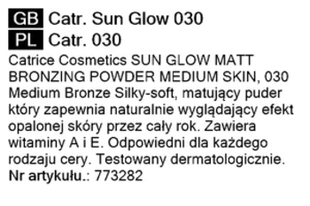 Czarno-biała etykieta Catrice Sun Glow Matt Bronzing Powder 030 z informacjami o pudrze do skóry średniej.