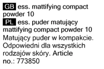 Tekstowa etykieta pudru Essence Mattifying Compact Powder 10, z opisem po angielsku i polsku. Widoczny numer artykułu.