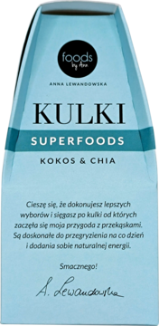 Jasnoniebieskie opakowanie Kulki Superfoods Kokos & Chia foods by Ann, widok z przodu, z czytelnym napisem.