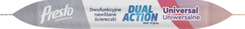 Presto Professional Dual Action, dwufunkcyjne nawilżane ściereczki, przód opakowania na gradientowym tle.
