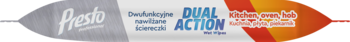 Banner Presto Dual Action: dwufunkcyjne nawilżane ściereczki czyszczące, logo i tekst na szarym i pomarańczowym tle.
