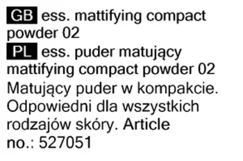 Fragment etykiety produktu: puder matujący Essence Compact Powder 02. Widoczne opisy w języku angielskim i polskim.