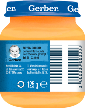 Tył słoiczka Gerber z puree warzywnym 125g. Niebieska etykieta z kodem kreskowym, logo i adresem Nestlé.