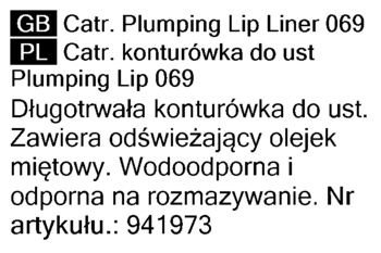 Etykieta konturówki Catrice Plumping Lip Liner 069. Tekst PL/GB, czarny na białym tle, opisuje wodoodporną formułę.