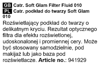 Etykieta podkładu Catrice Soft Glam Filter Fluid 010. Białe tło, czarny tekst z polskim opisem rozświetlającego podkładu.