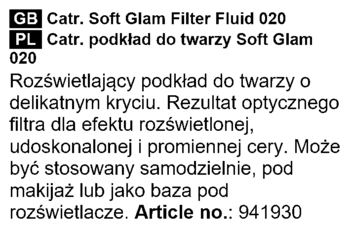 Tekst z opisem podkładu Catr. Soft Glam Filter Fluid 020: rozświetlający, delikatne krycie, efekt filtra.