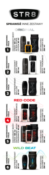 Pionowa infografika z sześcioma zestawami kosmetyków męskich STR8 Original, Red Code i Wild Beat, widok z przodu.