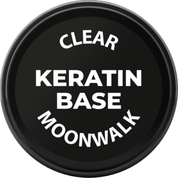 Czarny okrągły logotyp Clear Keratin Base Moonwalk. Bezbarwna baza hybrydowa do paznokci.