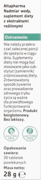 Fragment etykiety Altapharma Nadmiar wody: suplement diety, ostrzeżenie, bez glutenu i laktozy, 30 tabletek.