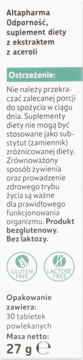 Altapharma Odporność, suplement z acerolą, tył białego opakowania z ostrzeżeniem, bez laktozy i glutenu.