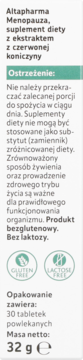 Altapharma Menopauza suplement diety, bok opakowania z ostrzeżeniami, logo bezglutenowe i bez laktozy.