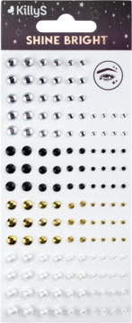 Błyszczące dżety i cyrkonie do makijażu KillyS: srebrne, czarne, złote, perłowe, w różnych rozmiarach.