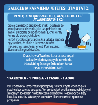 Etykieta Felix Soup Original: instrukcja karmienia zupą dla kota 4 kg, rysunek kota, saszetki 48g i miski.