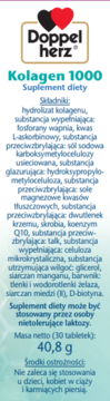 Pełne opakowanie Doppelherz Kolagen 1000 Suplement diety. Biało-niebieskie tło, widoczne składniki i waga 40,8g.