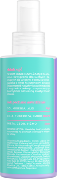 Tył sprayu OnlyBio Hair Cycling Serum Nawilżające. Turkusowa etykieta z opisem, składem i białym atomizerem.