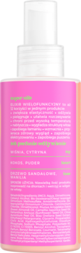Tył różowej butelki OnlyBio Eliksir Odżywienie do włosów. Widoczna lista korzyści, składniki, nuty zapachowe: wiśnia, kokos, wanilia.