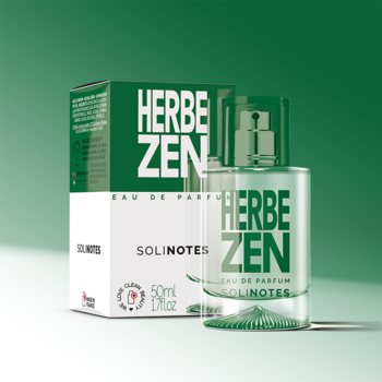 Solinotes Herbe Zen EDP 50ml w zielono-białym flakonie i pudełku obok, na zielonym gradientowym tle.