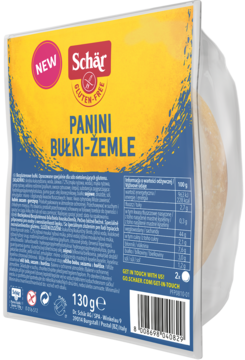 Opakowanie Schär Panini bułek bezglutenowych, widok z przodu, z żółtą etykietą 'NEW', zawiera cztery bułki.