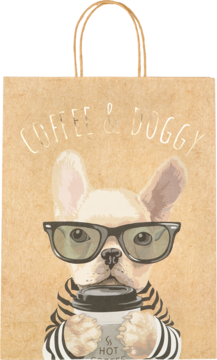 Torebka prezentowa kraft z buldogiem w okularach trzymającym kubek kawy, napis "COFFEE & DOGGY", widok z przodu.