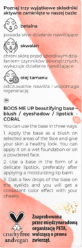 Etykieta bazy Bielenda Boost Me Up Coral, opisująca składniki, zastosowanie (blush, pomadka, cień) i logo PETA.