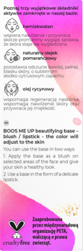 BOOS ME UP baza/róż/pomadka w kolorze skóry, opis składników i użycia, PETA cruelty-free, różowy panel.
