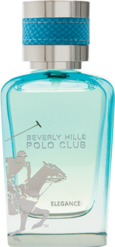 Perfumy Beverly Hills Polo Club Elegance, błękitna butelka z logo polo, srebrną zakrętką i niebieskim paskiem.