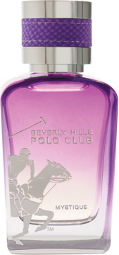 Fioletowy flakon perfum Beverly Hills Polo Club Mystique, widok z przodu, z grawerem graczy polo, srebrna nakrętka.