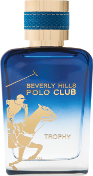 Męska woda toaletowa Beverly Hills Polo Club Trophy, granatowa butelka ze złotym grawerem polo, widok z przodu.