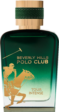 Męska woda toaletowa Beverly Hills Polo Club Tour Intense w zielonym flakonie z grafiką gracza polo.