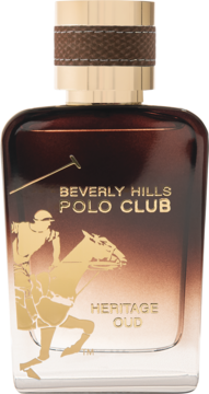 Męska woda toaletowa Beverly Hills Polo Club Heritage Oud, butelka z brązową gradacją i złotym logo polo.