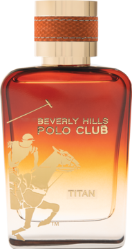Beverly Hills Polo Club Titan, butelka wody toaletowej z gradientem brązowo-złotym, grafiką polo, z przodu.