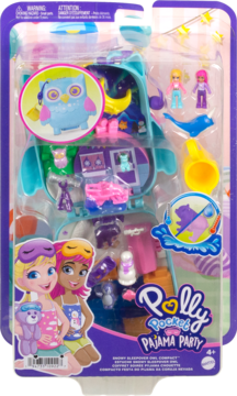 Zestaw Polly Pocket Pajama Party w blistrze, z niebieską sową-domkiem otwartym, mikrolalkami. Widok z przodu.