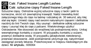 Zbliżenie na białą etykietę z czarnym tekstem, instrukcją użycia sztucznych rzęs Catr. Faked Insane Length Lashes.