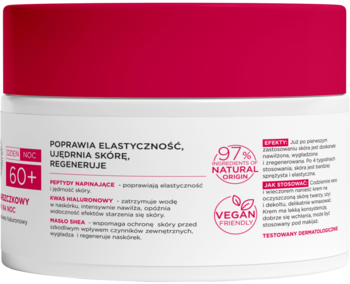 Krem przeciwzmarszczkowy 60+ dzień/noc z peptydami, kwasem hialuronowym, masłem shea. Biały słoiczek, boczna etykieta.