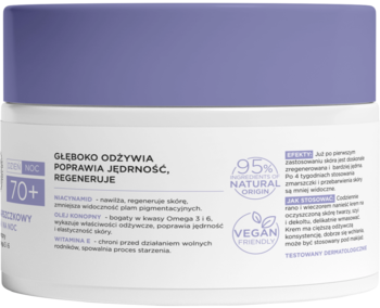 Tył białego słoiczka kremu 70+ z fioletową nakrętką. Etykieta: odżywia, jędrność, regeneruje, wegański, 95% naturalny.