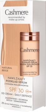 Cashmere Natural Beige nawilżający podkład-serum z kwasem hialuronowym SPF 30, w beżowej butelce.