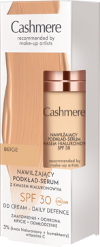 Podkład-serum Cashmere Daily Defence SPF 30 w beżowym opakowaniu, z widoczną butelką i swatche'em.