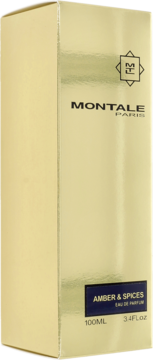 Złote, błyszczące pudełko Montale Amber & Spices 100ml, z przodu ciemnoniebieska etykieta.