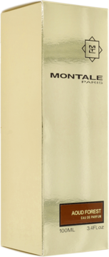 Złoty, prostokątny kartonik perfum Montale Aoud Forest 100ml, widoczny pod kątem, z metalicznym wykończeniem.