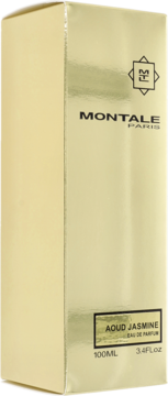 Złote, błyszczące pudełko perfum Montale Aoud Jasmine 100ml, z czarnymi napisami, widok z przodu pod kątem.