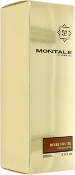 Złote, błyszczące pudełko Montale Boise Fruite EDP, widok z przodu pod kątem, z brązową etykietą 100ml.