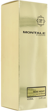 Złote, błyszczące pudełko Montale Rose Night Eau de Parfum 100ml, z logo marki, widok z przodu pod kątem.