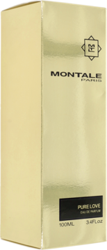Złote, błyszczące opakowanie perfum Montale Pure Love 100ml Eau de Parfum, widok z przodu i z boku.